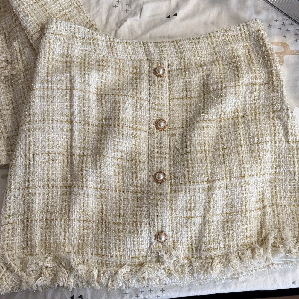 Aura Cream Tweed Mini Skirt with Pearl Buttons